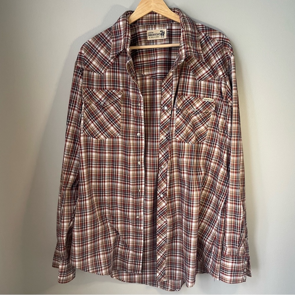 VINTAGE Genuine Roebucks Flannel‎ Button Mens Shirt size XL Brown Red Plaid